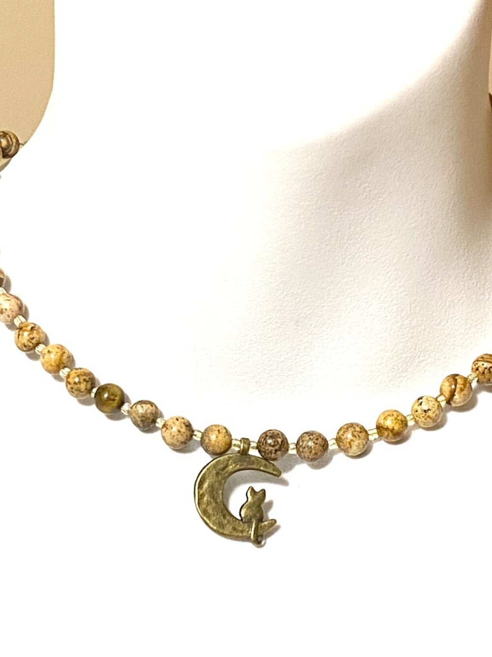 Earthy Picture Jasper Short Necklace, Gemstone & Bronze Cat on the Moon Pendant